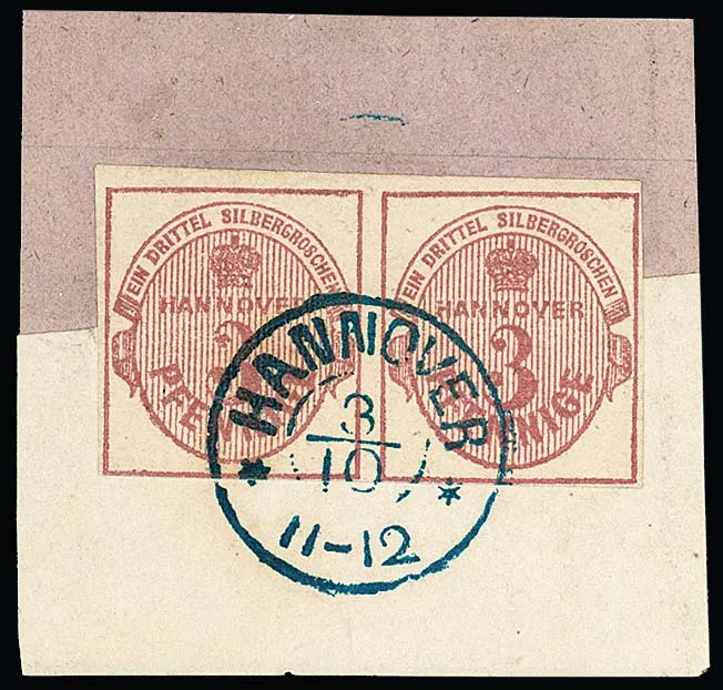 3 Pfge. rouge carmin en paire de cabinet horizontale sur pièce de lettre avec K2 centrique "Hannover", pli oblique seulement dans le papier à lettres, double signature Pfenninger. Mi. 600,-