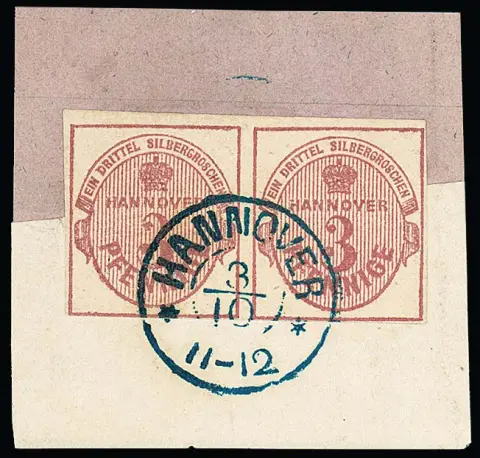 3 Pfge. karmijnrood in horizontaal kabinetpaar op briefstuk met gecentreerde K2 "Hannover", diagonale vouw alleen in briefpapier, dubbel gesigneerd Pfenninger. Mi. 600,-