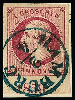 1 Gr. roze met onderrand en jaartal "1859" gecentreerd op briefstuk met K1 "Hamburg", kl. gebr.