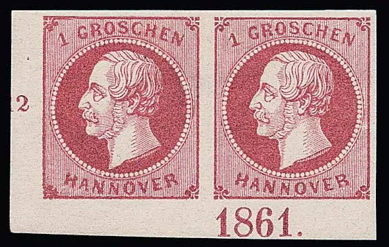 1 Gr. rose, paire de luxe non oblitérée du coin inférieur gauche avec année "1861", photo exp. Berger