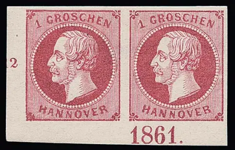 1 Gr. roze, ongebruikt luxe paar uit linkeronderhoek vel met jaartal "1861", foto exp. Berger