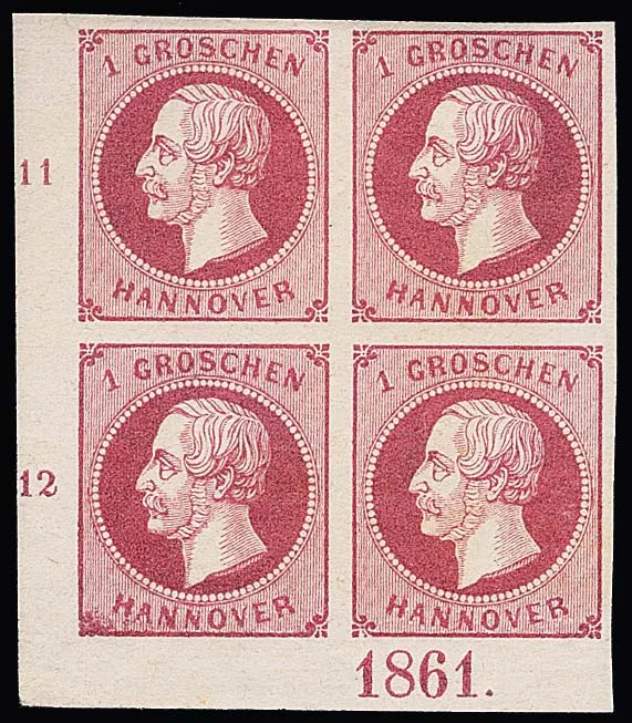 1 Gr. rose en bloc de quatre du coin inférieur gauche, paire inférieure non oblitérée avec année "1861" en position I