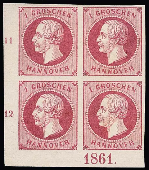 1 Gr. roze in blok van vier uit linkeronderhoek vel, onderste paar postfris met jaartal "1861" in positie I