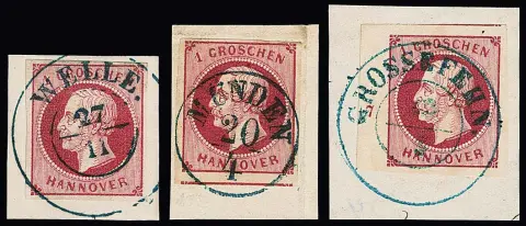 1 Gr. roze, karmijn, drie uitgezochte kabinet/luxe briefstukken (ideale K1 "Münden", gesign. Berger, en van rand met Rz. "7", K2 "Grossefehn")