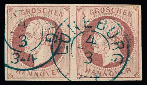 1 Gr. roze, horizontaal paar met K2 "Lüneburg", de rechter zegel (buigspoor) met de zeldzame plaatfout "kleurvlek links" in de eerste fase, zie foto.