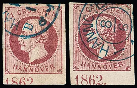 1 Gr. lila-roze, twee onderrandstukken elk met jaartal "1862", eenmaal kleine vlek (foto-expertise Berger)