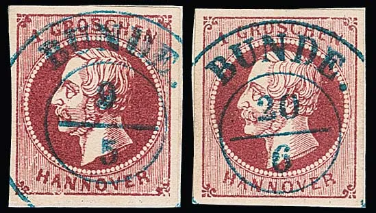 1 Gr. lilas-rouge, impression grossière et fine (de plaque nettoyée), deux pièces de luxe chacune avec K2 centr. "Bunde", signé Berger