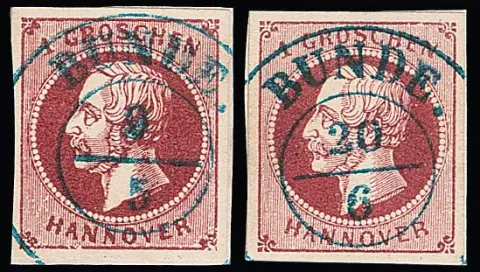 1 Gr. lila-rood, grove en fijne druk (van schoongemaakte plaat), twee luxe stukken elk met gecentreerde K2 "Bunde", gesigneerd Berger