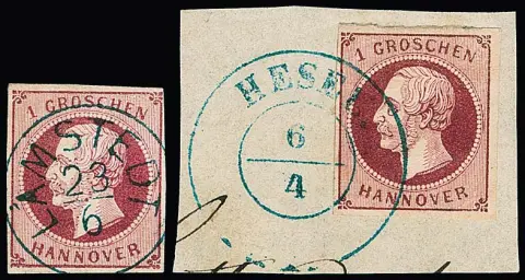 1 Gr. lilas-rouge, pièce de luxe détachée avec obl. K1 centr. "Lamstedt", ainsi que sur fragment de lettre de cabinet avec meilleur K2 "Hesel"