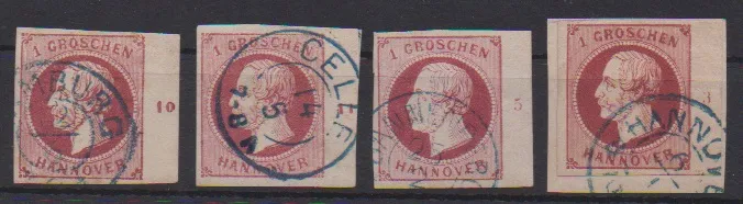 1 Gr. lila-roze, vier gestempelde rechterrandstukken met rijnummers "3", "5", "10" en "11", deels sign./foto-exp. Berger