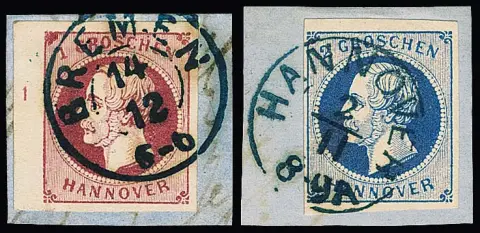 1 Gr. lilas-rose du bord gauche de feuille avec numéro de rangée "1" fortement décalé vers le haut sur fragment de lettre de cabinet avec K2 "Bremen", plus 2 Gr. bleu foncé sur fragment de lettre de cabinet et 3 Gr. détaché avec K2 centr. "Göttingen"