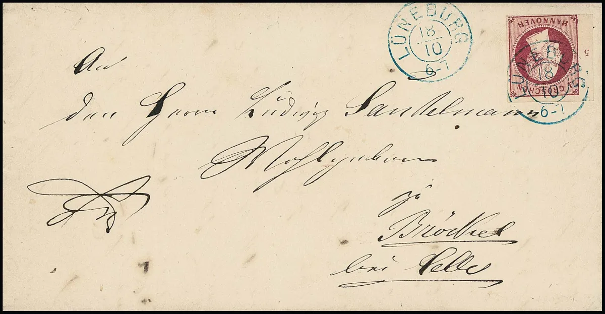 1 Gr. rouge vin, impression fine, du bord gauche avec numéro de rangée "5", sur lettre de cabinet avec K2 "Lüneburg"