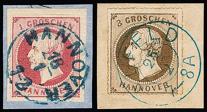Vijf briefstukken, waaronder prachtbriefstuk 2 Gr. blauw samen met 3 Gr. bruin, evenals 1 Gr. roze op luxe briefstuk met vierzijdig (!) volledige doorsteking binnen de schaarscheiding (zo zeldzaam!), verder twee briefstukken 3 Gr. bruin, o.a. kabinet met K2 "Alfeld"