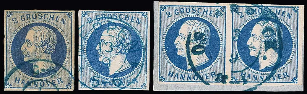 2 Gr. blauw, drie verschillende plaatfouten incl. "gebogen 2" (Beanst.) elk gestempeld, IV binnen een paar op kabinetbriefstuk. Mi. 840,- plus…
