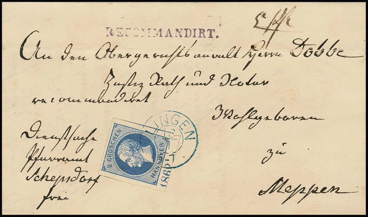 2 Gr. blauw, breedrandig van ondermarge met jaartal "1862", bovenmarge puntgrote ruwheid, op schone aangetekende brief van Lingen (K2) naar Meppen. Zegels…