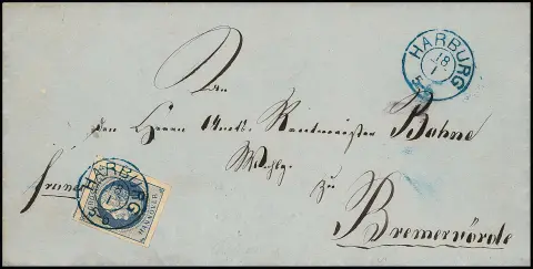 2 Gr. bleu, pièce de cabinet à larges marges avec timbres voisins sur lettre (au verso une partie de rabat incomplète) avec K2 "Harburg"
