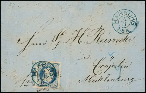 2 Gr. bleu, pièce de cabinet extrêmement largement coupée avec parties de timbres voisins sur trois côtés et K2 "Harburg" sur lettre vers Mecklembourg avec…