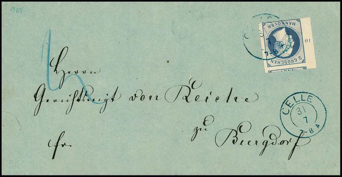2 Gr. bleu clair du bord gauche de la feuille, n° de rangée "10", impeccable pleine à surbord, sur lettre pliée de Celle
