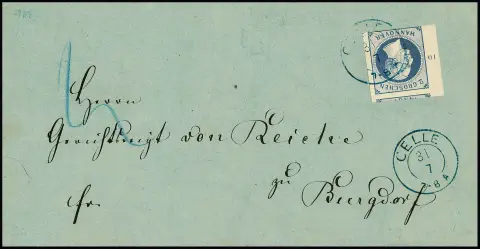 2 Gr. bleu clair du bord gauche de la feuille, n° de rangée "10", impeccable pleine à surbord, sur lettre pliée de Celle