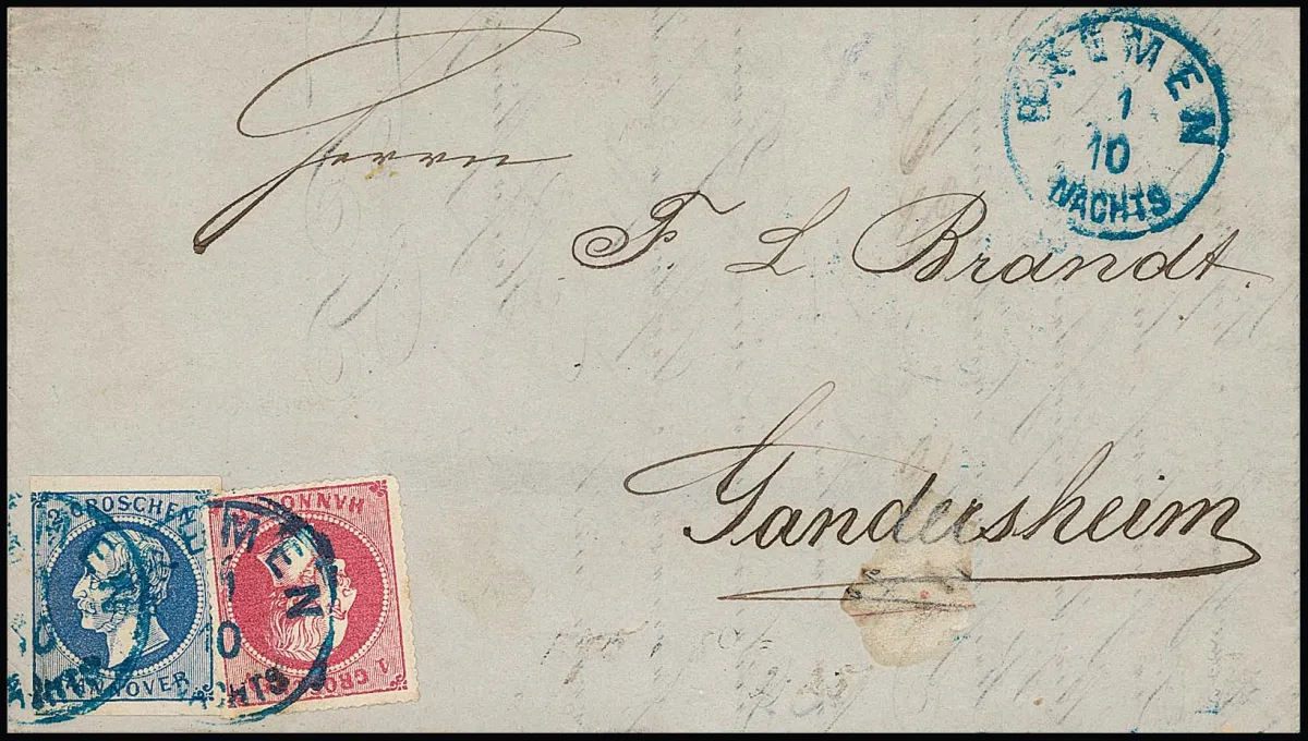 2 Gr. blauw, links nog volrandig, in gemengde frankering met 1 Gr. roze op prachtbrief (achterzijde licht verkort) met K1 "Bremen Nachts" van 1.10.