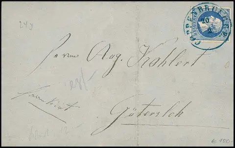 2 Gr. bleu, coupé et perforé, deux lettres de cabinet de même correspondance chacune avec K2 "Coppenbrügge" pour Gütersloh