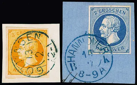 2 Gr. bleu et 3 Gr. jaune-orange, deux pièces de lettre de cabinet avec K2 "Hannover B.K." et "Göttingen", plus 2 Gr. bleu foncé détachés avec Ra2 "Lehrte"