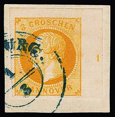 3 Gr. oranje, rechterbovenhoek van vel met rijnummer "1" op prachtig briefstuk, gesigneerd Richter