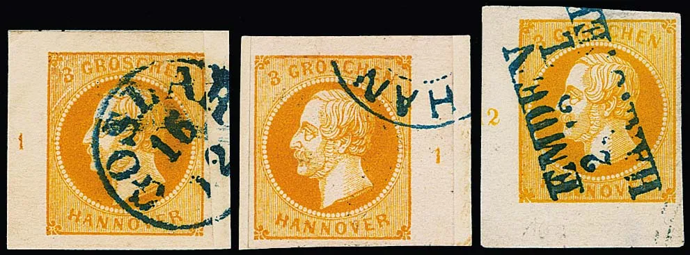 3 Gr. dunkelorange, drei verschiedene gestempelte Bogenecken, links oben (etwas ber.), rechts oben (Kabinett), je Rz. "1", sowie links unten (idealer…