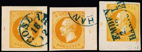3 Gr. donkeroranje, drie verschillende afgestempelde velhoeken, linksboven (licht geschaafd), rechtsboven (kabinet), elk rij nr. "1", en linksonder (ideaal L3 van rijdende post "Emden-Hannover", vouwspoor, foto expert. Berger)