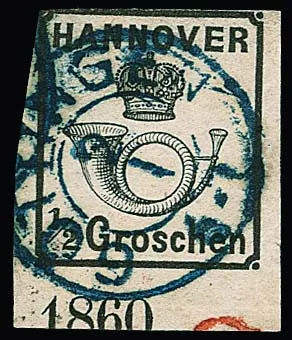 1/2 Gr. schwarz, von dieser Marke seltenes Unterrandstück mit Jahreszahl "1860" und K2 "Göttingen", oben links minimal berührt