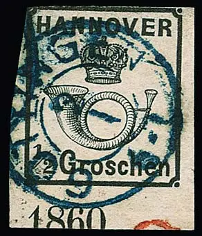 1/2 Gr. zwart, zeldzaam onderrandstuk van deze zegel met jaartal "1860" en K2 "Göttingen", linksboven licht geraakt