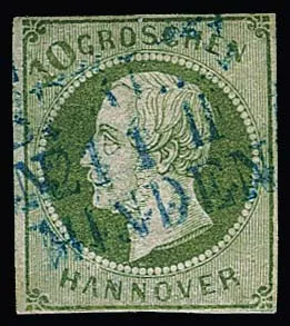 10 Gr. groen, goed gerand, kleine verdunning achterzijde en scheur, verder goed, met zeldzame afstempeling door Pruisische spoorwegpost L3 "Berlin-Minden", certificaat Jäschke-L. Mi. 1700,- + stempel