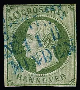 10 Gr. groen, goed gerand, kleine verdunning achterzijde en scheur, verder goed, met zeldzame afstempeling door Pruisische spoorwegpost L3 "Berlin-Minden", certificaat Jäschke-L. Mi. 1700,- + stempel
