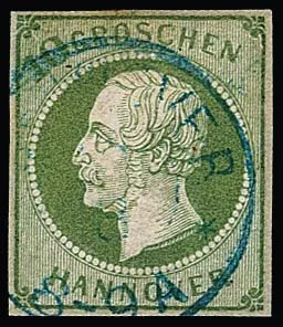 10 Gr. groen, gerepareerd maar echt gestempeld exemplaar met K2 van Hannover, foto-expertise Berger. Mi. 1700,-