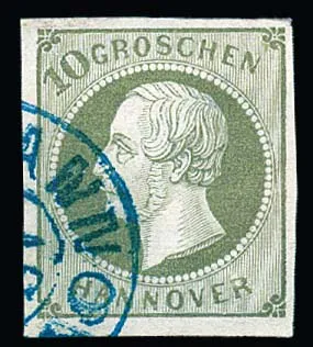 10 Gr. groen, zacht gestempeld topstuk met K2 van Hannover, foto-expertise Berger. Mi. 1700,-