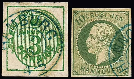 10 Gr. groen, 3 Pfge. groen, Sperati-vervalsingen, eerste type B, laatste door hem handschriftelijk gesigneerd