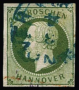 10 Gr. grün, der seltene Plattenfehler "Randlinie links gebrochen" klar gestempelt "Hannover" und Teil eines roten Transit-Stempels. Rechts eine winzige…