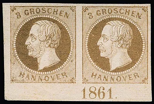 3 Gr. lichtbruin, postfris paar uit de linkeronderhoek van het vel (in de marge min. hoekvouw) met volledig jaartal "1861", gesigneerd Kruschel o.a.