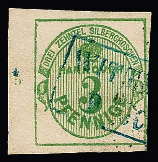 3 Pfg. groen, linker velrand met rijnummer "5", nog vol tot breedrandig gesneden en met heldere blauwe Ra2 "Wittmund" (onopvallende plakspoor en iets opgeruwd), foto certificaat Jäschke-L.