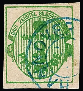 3 Pfge. groen, kabinetstuk met K2 van Hannover, gesigneerd Köhler, Dr. Pirl. Mi. 1200,-