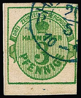 3 Pfge. groen, onderaan van velrand, op klein kabinetbriefstuk met K2 "Hannover BK", certificaat Berger. Mi. 1200,- +