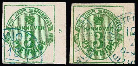 3 Pfge. groen, twee zeldzame rechter randstukken met rijnummers "5" en "10", duidelijk gestempeld, ondanks kwalitatieve beperkingen (één zegel met onberispelijk certificaat Eichele) decoratief. Mi. 2400,- +
