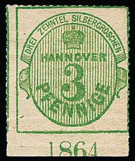 3 Pfge. vert, gomme blanche (quelque peu écaillée à un endroit), bas de feuille non oblitéré avec année "1864"