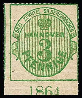 3 Pfge. groen, witte gom (op één plek iets afgebrokkeld), ongebruikt onderrandstuk met jaartal "1864"