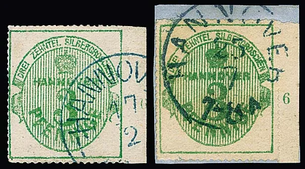3 Pfge. vert, gomme rose, du bord droit de feuille avec numéro de rangée "6", sur pièce de lettre de cabinet avec K2 "Hannover", photo exp. Berger, ainsi qu'avec gomme blanche également du bord avec Rz. "6" (petite correction de perforation)