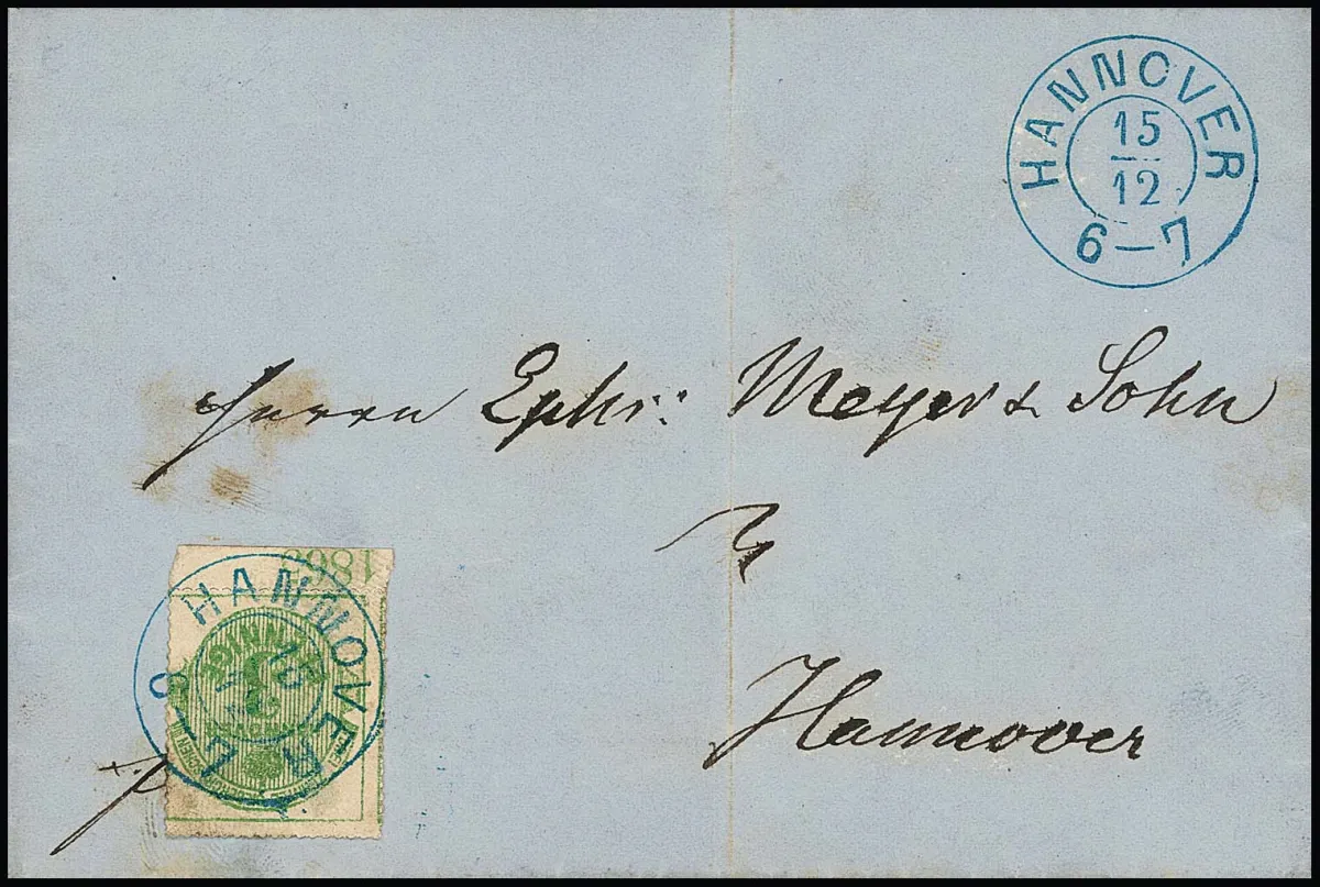 3 Pfge. geelgroen, witte gom, met onderrand en jaartal "1865" (zeldzaam) op lokale brief (lichte sporen zoals middenvouw) met K2 "Hannover"