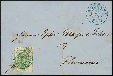 3 Pfge. geelgroen, witte gom, met onderrand en jaartal "1865" (zeldzaam) op lokale brief (lichte sporen zoals middenvouw) met K2 "Hannover"
