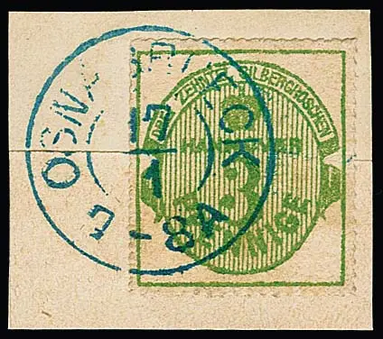 3 Pfge. groen op kabinetbriefstuk van drukwerk met volledige K2 "Osnabrück", gesigneerd Ressel