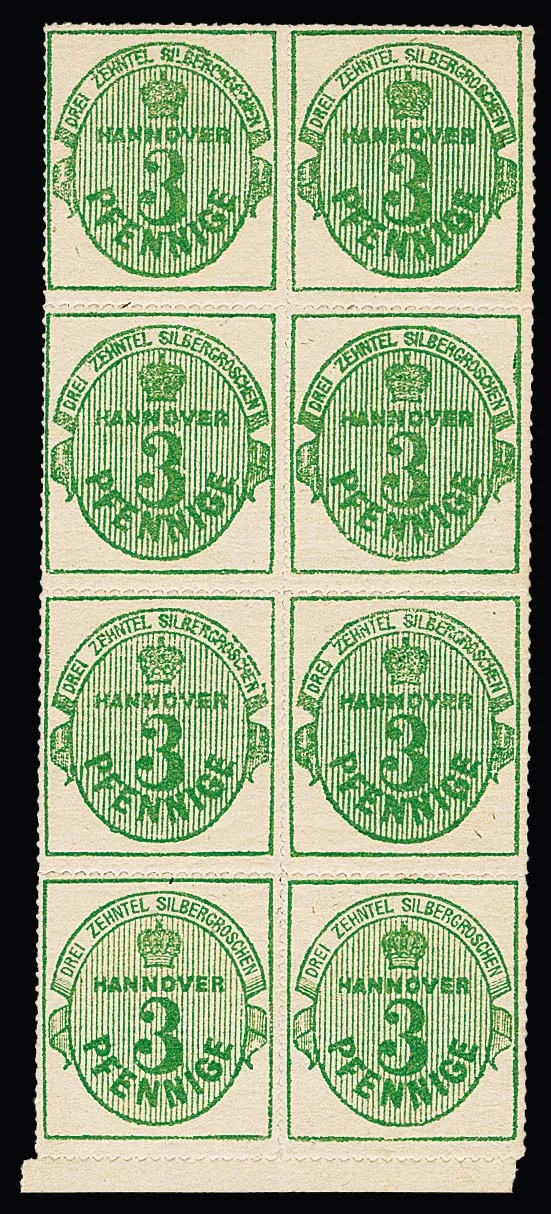 3 Pfg. groen, witte gom, verticaal kabinetblok van acht van ondermarge, vier zegels postfris met plakker, gesigneerd Bühler