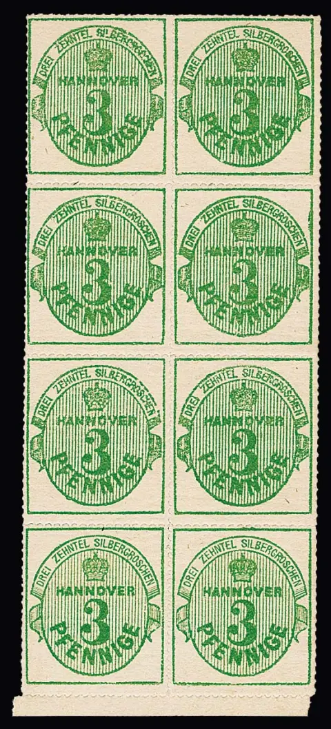 3 Pfg. groen, witte gom, verticaal kabinetblok van acht van ondermarge, vier zegels postfris met plakker, gesigneerd Bühler